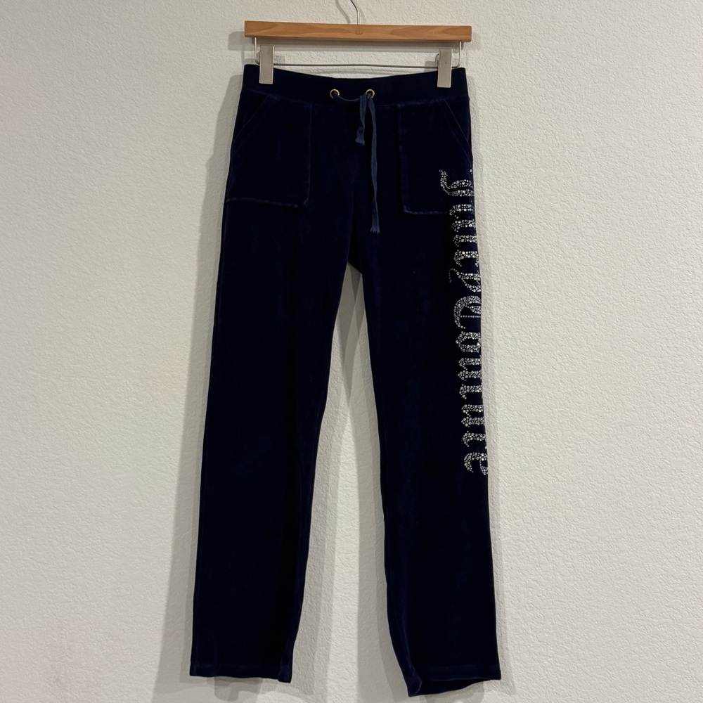 Juicy Couture Velour Track Sweats Navy blue, Rhinestone Script Size Medium Y2K - Picture 2 of 8